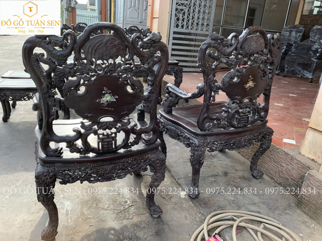 Hình ảnh bộ bàn ghế khánh rồng gỗ gụ 7 món khảm ốc 